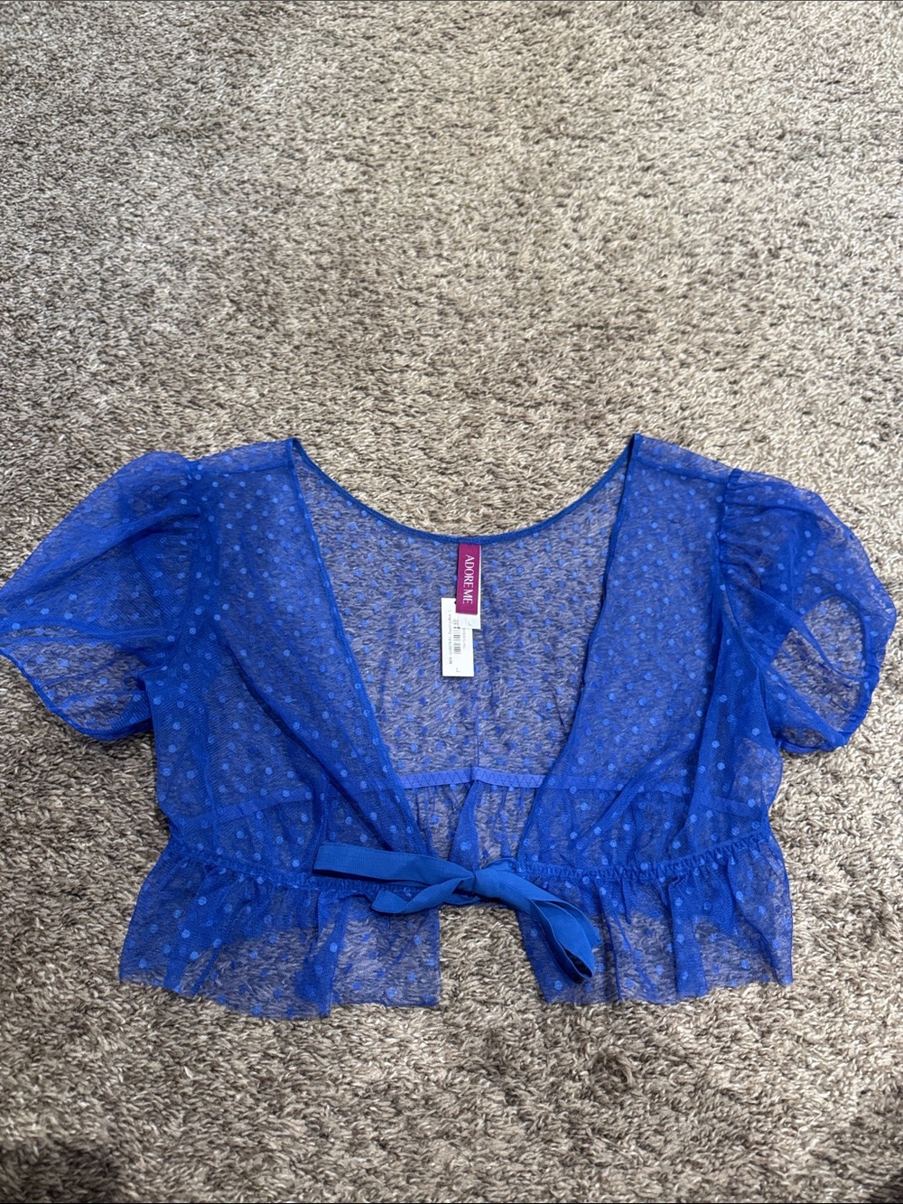 Adore Me Blue Sheer Polka Dot Tie-Front Crop